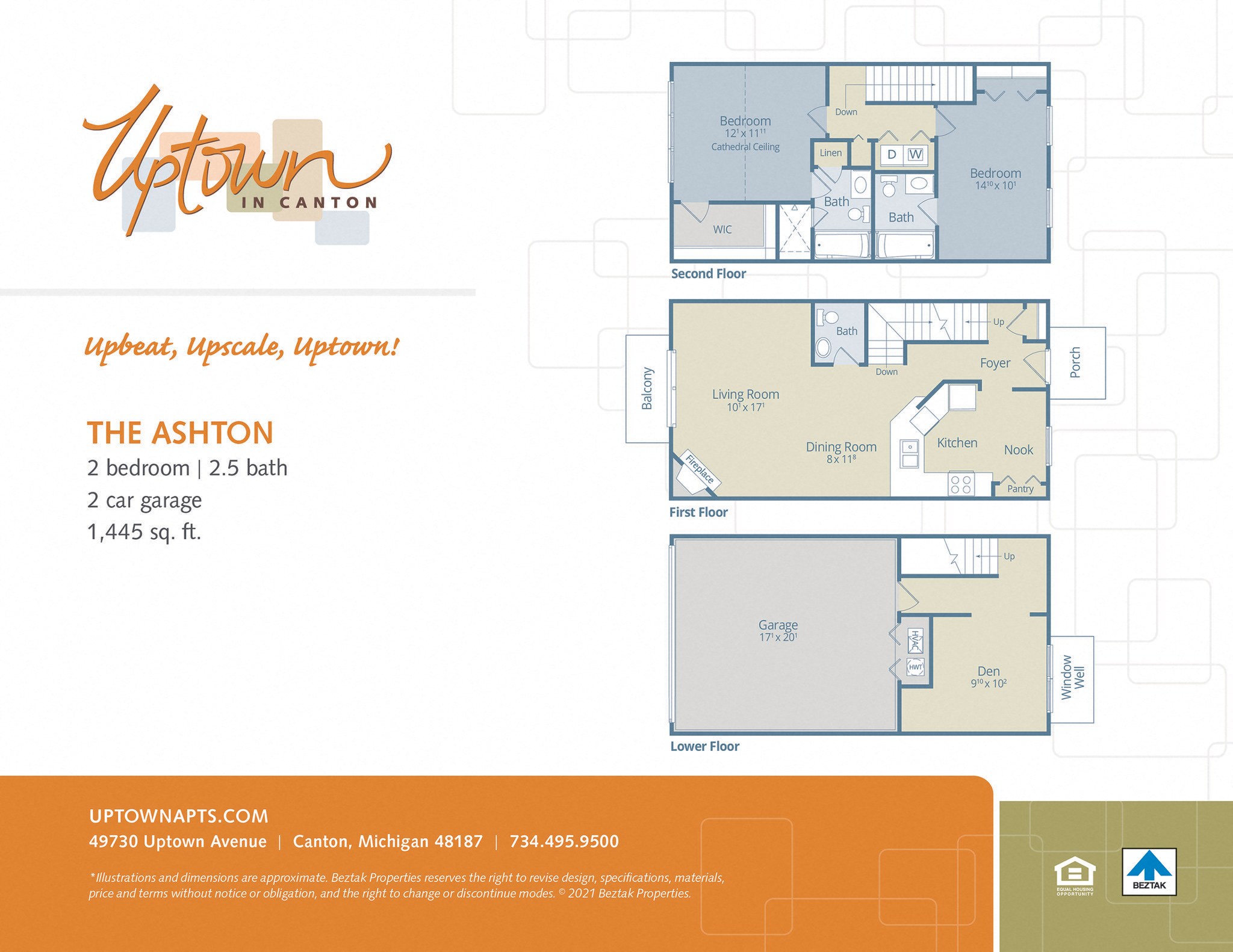 Floor plan for 2 beds, 2.5 baths, 1445 sqft